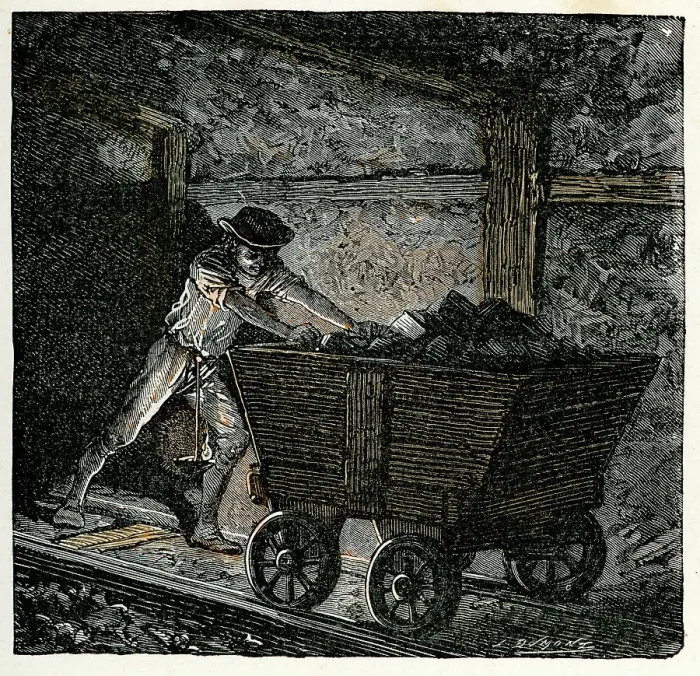Framed Print : Victorian Coal Miner Pushing Minecart Print, 1875 Framed Print : Victorian Coal Miner Pushing Minecart Print, 1875