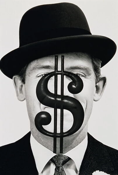 Dollar Sign over Face of Man in Hat in Black and White