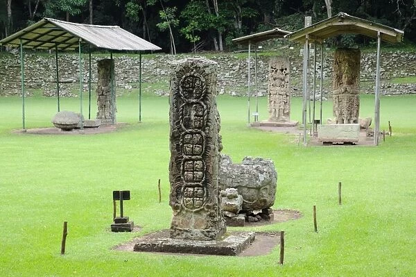 Group of Ancient Maya Stela Stone Statues, Copan