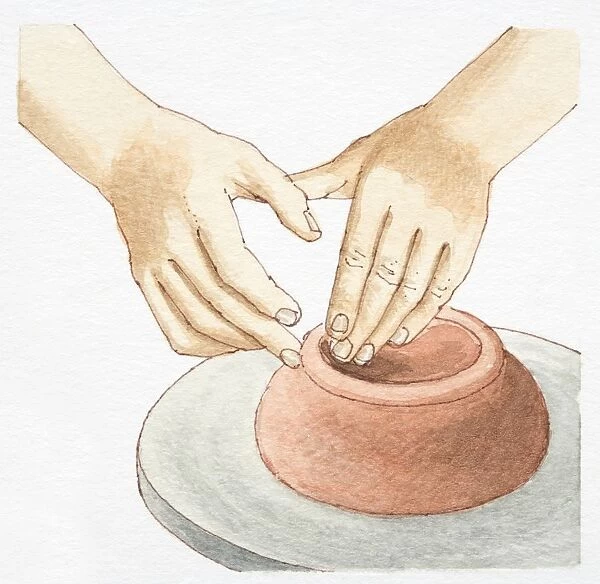 Hands working on pottery wheel. Sculptor, Potter. Human Hands