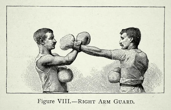 History of Boxing, two boxers, positions, right arm guard, blocking punch, Victorian combat sports, 19th Century