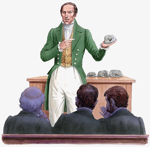 Illustration of 19th century paleontologist Gideon Mantell standing in front of audience, holding and pointing at fossil of Iguanodon tooth