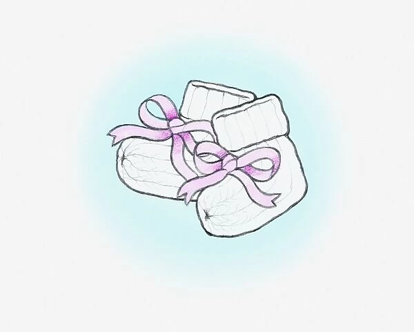 Illustration of knitted white wool booties tied with pink ribbon bows