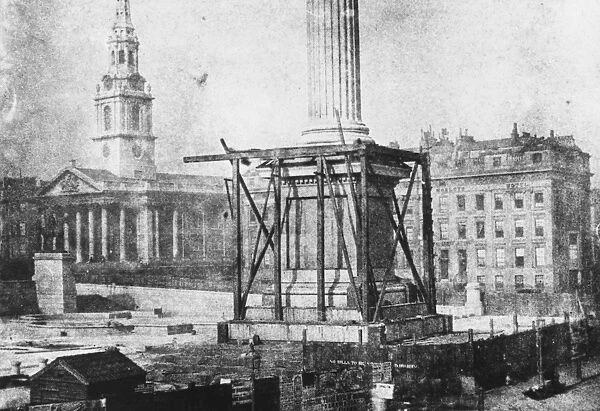 No Lions. circa 1843: Trafalgar Square, the base of Nelson's column surrounded