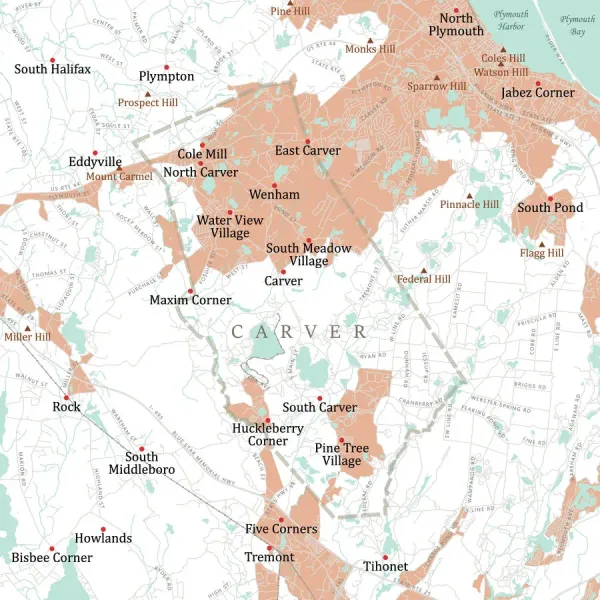 MA Plymouth Carver Vector Road Map. All source data is in