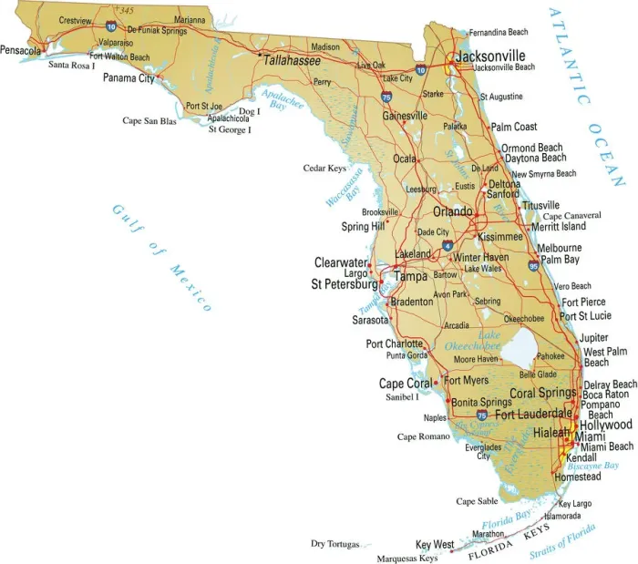 Framed Print : Florida Vector Map Print with Roads, Rivers and Lakes Framed Print : Florida Vector Map Print with Roads, Rivers and Lakes
