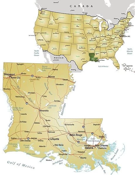 Louisiana. Vector illustration of map of Louisiana with major roads, rivers and lakes | Greeting ...