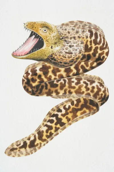 Moray Eel, in attack position with jaws open showing sharp teeth