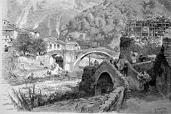 Old bridge with chapel in Badalucco, a northern Italian municipality in the region of Liguria, 1860, Italy, Historic, digital reproduction of an original 19th-century painting