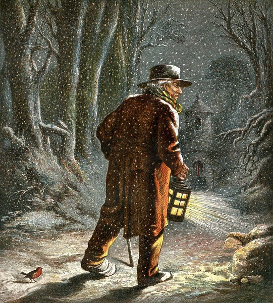 Victorian man walking through snowy woodland with a lantern