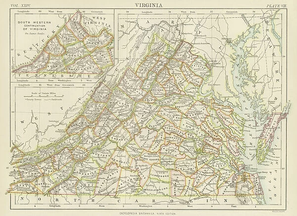 Virginia map 1885. Encyclopedia Britannica 9th Edition New York Charles Scribners
