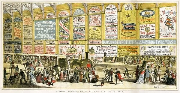 Advertising in a railway station 1874. Illustration by Alfred Concanen
