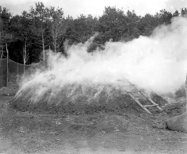 Charcoal burning for the trenches in the New Forest. Char-ring