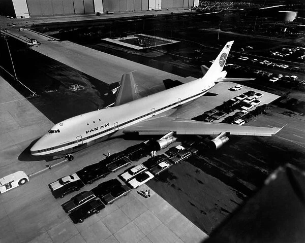 Aerial view of Boeing 747, called also Jumbo Jet, after it is painted with Pan Am logo