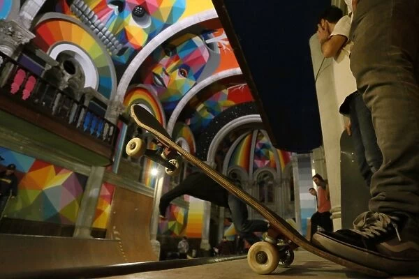 Skateboarders practice at the Kaos Temple skatepark in the northern Spanish village
