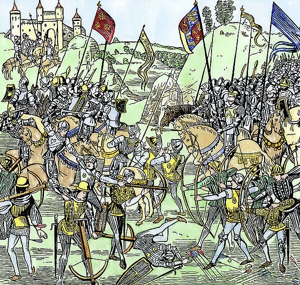 100 Years War: Archers and Knights at the Battle of Crecy, France in 1346. Colour engraving of the 19th century