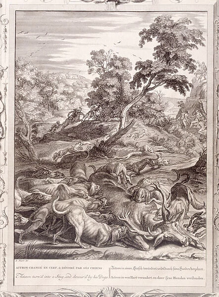 Actaeon Turned into a Stag and Devoured by his Hounds, 1731 (engraving)