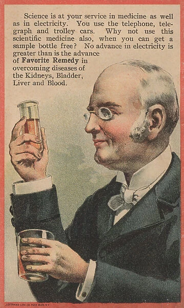 Advertisement for Favorite Remedy, treatment for diseases of the kidneys, bladder, liver and blood (chromolitho)