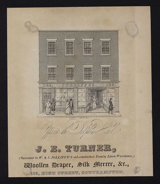 Advertisement for J B Turner, woollen draper and silk mercer, 125 High Street, Southampton, Hampshire (engraving)