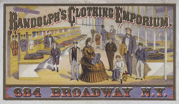 Advertisement for Randolphs Clothing Emporium, 684 Broadway, New York, USA (colour litho)