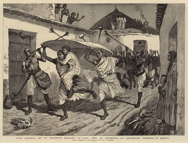 With Admiral Sir W Hewetts Embassy to King John of Abyssinia, an Abyssinian Wedding at Adowa (engraving)