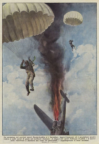 An airplane from the Paris-London freight service suddenly caught fire and crashed... (colour litho)