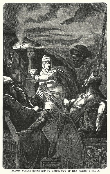 Alboin forces Rosamund to drink out of her fathers skull (engraving)