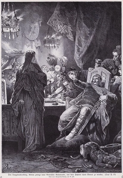 Alboin, King of the Lombards, forcing his wife Rosamund to drinf from the skull of her father Cunimund, King of the Gepids (engraving)