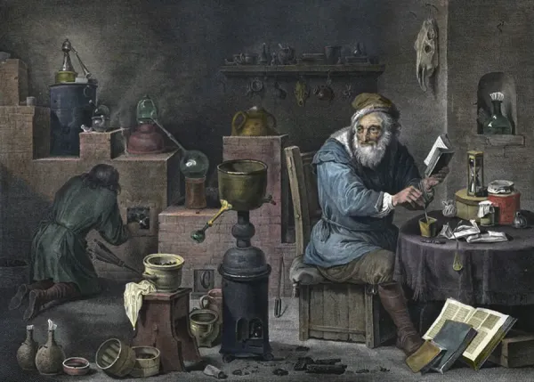 The alchemist. Engraving by Jacques-Louis Peree available as Framed ...