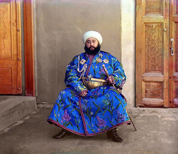 Alim Khan, Emir of Bukhara, seated holding sword, Bukhara, Russian Empire
