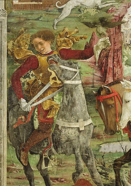 Allegory of March: Borso d Este, prince of Ferrare leaving for the hunt, detail with a falcon