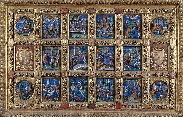 Altarpiece depicting scenes from the Passion and the Evangelists with the arms of Anne de
