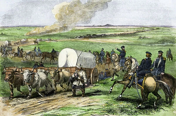American Arm Expedition to the Prairie, circa 1850: the convoy of supply wagons and troops crossing the Great Plains. Coloured water, 19th century
