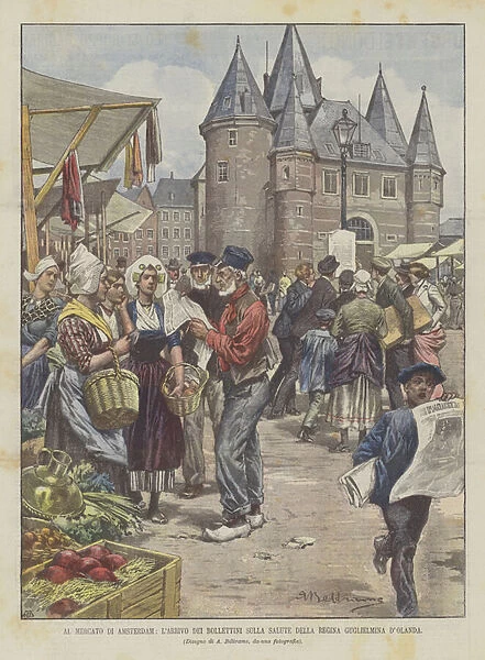 At the Amsterdam Market, The Arrival Of The Health Bulletins Of Queen Wilhelmina Of Holland (Colour Litho)