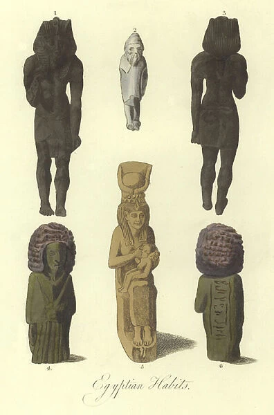 Ancient Egyptian statues or figurines (coloured engraving)