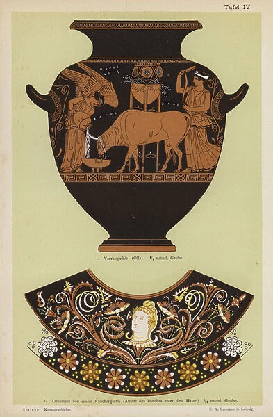 Ancient Greek storage jar and ornament from a censer (colour litho)