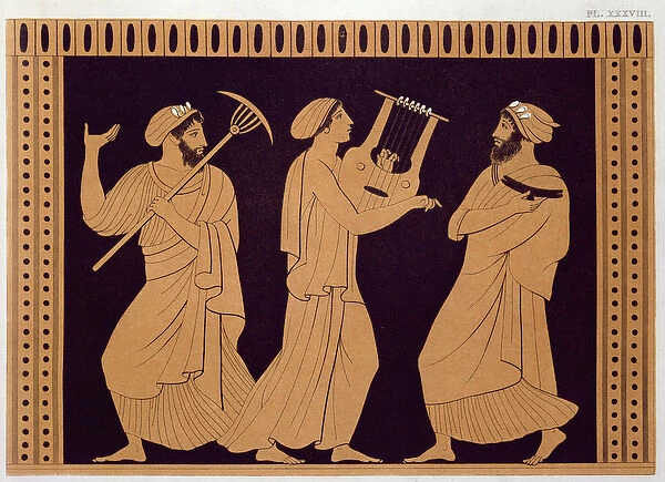 Ancient Greek theatre scene, after an antique vase (colour engraving)