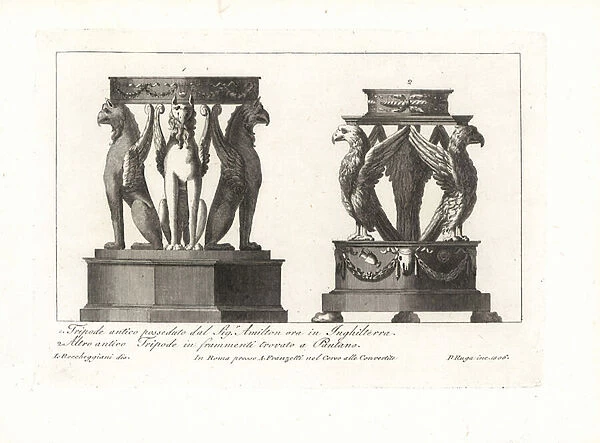 Ancient Roman tripods with griffins and eagles. 1802 (engraving)