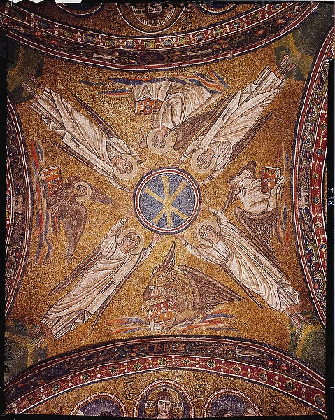 Four angels with the symbols of the evangelists surrounding the chi-rho monogram of Christ
