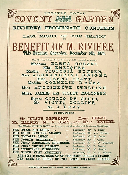 Announcement for Rivieres Promendade Concerts at the Theatre Royal, Covent Garden on 6 December 1873, c. 1873