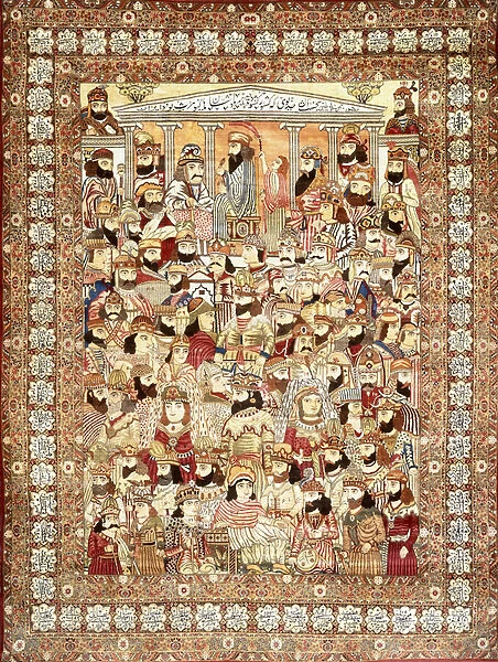 An antique Kirman Masha'ir carpet, depicting the massed ranks of Persian kings
