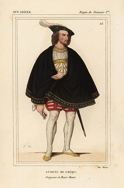 Antoine de Crequy, Lord of Pont-Remi, French soldier killed at the siege of Hesdin 1525. Handcoloured lithograph by Leopold Massard after a figure in Roger de Gaignieres portfolios from Le Bibliophile Jacob aka Paul Lacroix