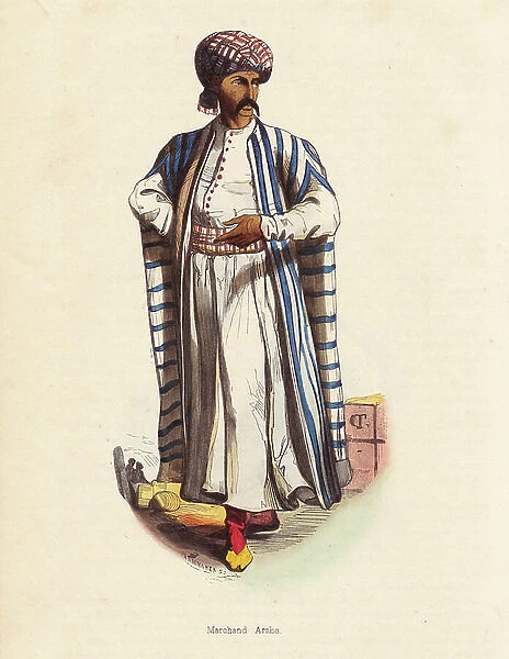Arabian merchant - Arabian merchant with tattoos on his face wearing turban, striped cape and slippers - Handcoloured woodcut by Pannemaker from '' Habits, Uses et Costumes de tous les Peuples du Monde, Asie,'' by Auguste Wahlen