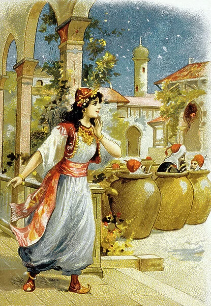 Arabian Nights : Ali Baba and the Forty Thieves : Morgiana and the thieves in the jars, advertisement for French department store 'Bon Marche' 1900