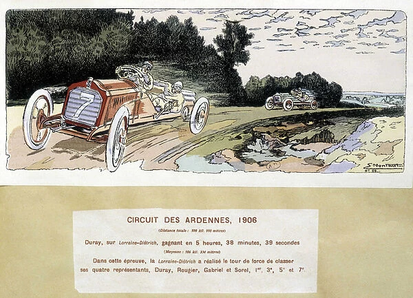 The Ardennes circuit, 1906, drawing by Ernest Montaut (1878-1909)