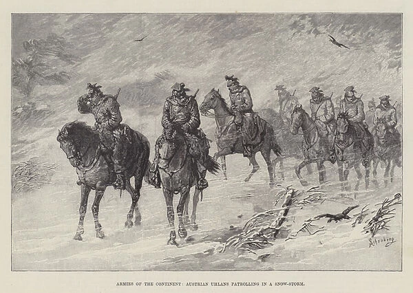 Armies of the Continent, Austrian Uhlans patrolling in a Snow-Storm (engraving)
