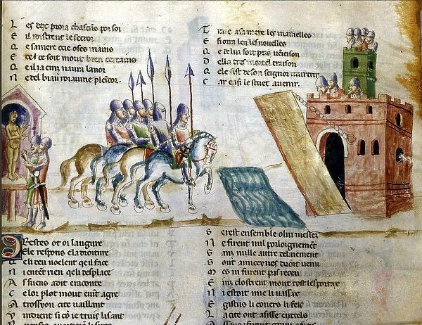 An army is approaching a castle. Miniature of the 'Roman de Troy'