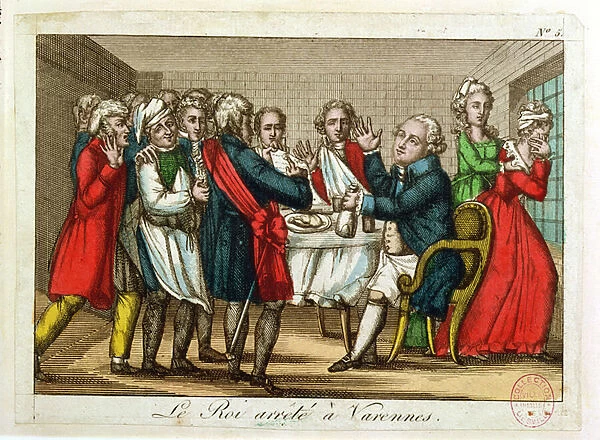 The Arrest of Louis XVI (1754-93) at Varennes, 22nd June 1791 (coloured engraving)