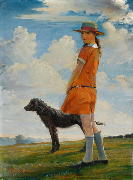 The Artists Daughter Walking the Vicars Dog (oil on canvas)