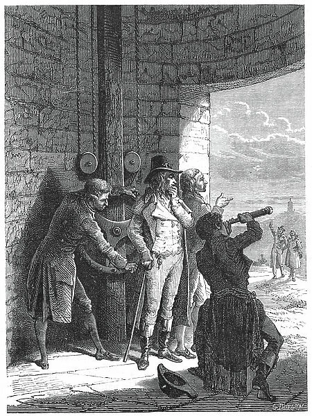 Artist's impression of Claude Chappe demonstrating his optical telegraph system in 1793, c.1870. Engraving